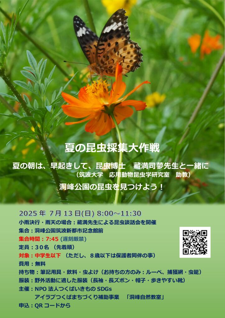 NPO法人つくばいきものSDGs主催】夏の昆虫採集大作戦 | 洞峰公園 公園NEWS