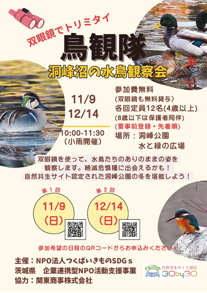 NPO法人つくばいきものSDGs主催】双眼鏡で鳥観隊～洞峰沼の水鳥の